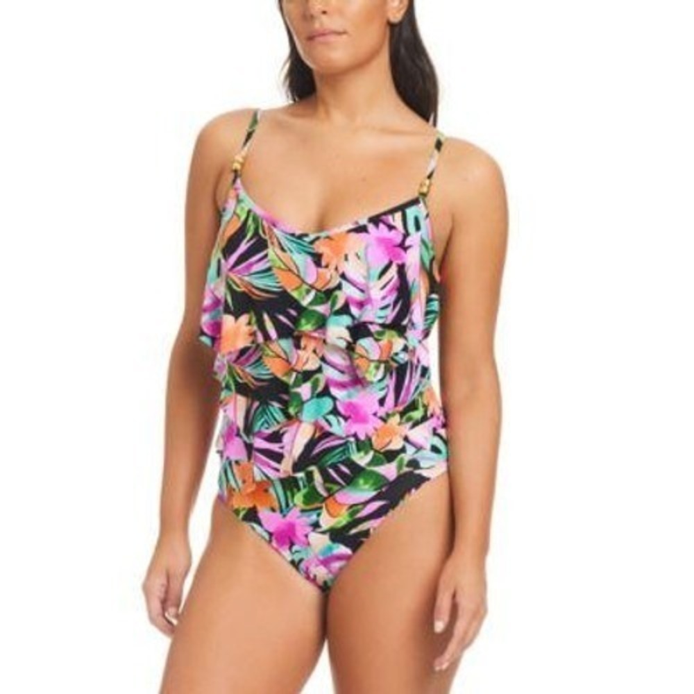 Beyond Control Bora Bora Bay Overlay One-Piece Swimsuit 12 Black Tropical NWT